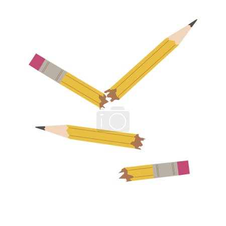 Kaputte Bleistifte. Illustration gebrauchter Bleistifte auf weißem Hintergrund. Das Konzept der Angst, Probleme, Wut. Abstrakter Hintergrund. Flache Vektorabbildung