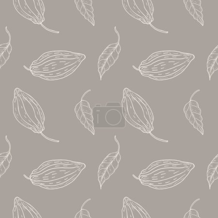 Illustration for Seamless pattern with cocoa fruits and cocoa plant on a gray background. A lot of cacao, repeating background, ornament. Hand drawn.Boho chic style. Packaging, textiles, polygraph, printing.Vector - Royalty Free Image