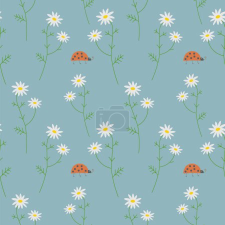 Illustration for Seamless pattern. Repeating background with daisies and ladybug, forest motif. Hand-drawn flowers and forest insects, boho style.  For textiles, packaging design, postcards,  baby products. Vector - Royalty Free Image