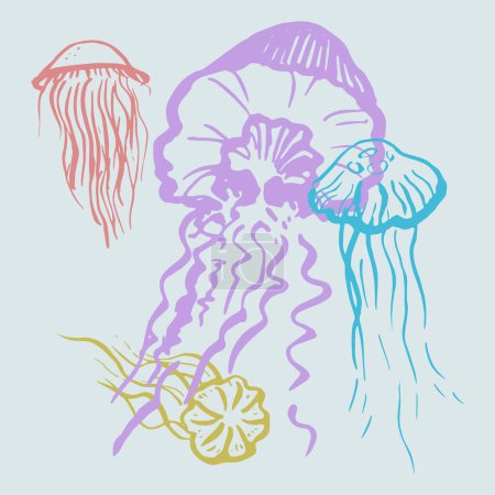Illustration for Jellyfish. Hand drawn ink drawing of the underwater world with medusa. Protection sea and oceans, sea creatures.Set for postcard, print, template, polygraphy. Design element. Vector art illustration. - Royalty Free Image