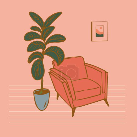 Ilustración de Sillón. Ilustración interior con sillón naranja, houseplant ficus lyrata. Una habitación con paredes de color rosa, muebles tapizados brillantes, imagen en la pared. Gráfico vectorial plano dibujado a mano. Estilo vintage - Imagen libre de derechos
