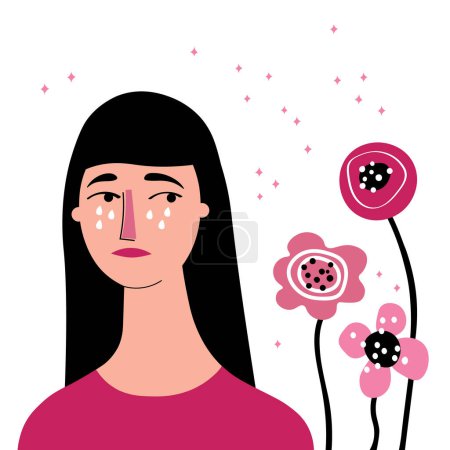 Illustration for Allergy. Character with allergy signs. Tears on the face, red nose, sneezing. Seasonal allergy diagnosis and immunotherapy concept. Flat cartoon illustration.Vector - Royalty Free Image
