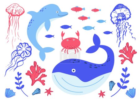 Ilustración de Vida subacuática.Delfines, peces, cangrejos, ballenas, medusas, corales. Mamíferos marinos dibujados a mano en los océanos.Día de los océanos, Día para proteger y salvar a las criaturas marinas. Mano dibujada. Vector plano ilustración de dibujos animados - Imagen libre de derechos