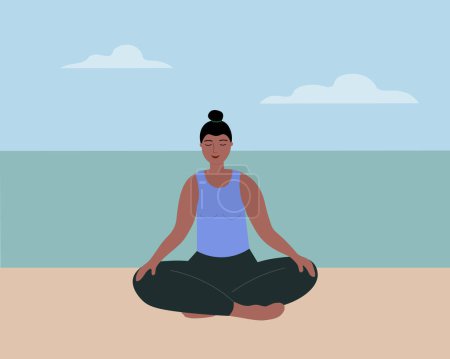 Ilustración de Mujer haciendo yoga y meditando al aire libre y meditando. Carácter tranquilo se sienta en la arena. Una persona se dedica a ejercicios en la orilla del mar en armonía con sí mismo, disfruta. Dibujos animados vector ilustración. - Imagen libre de derechos