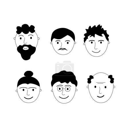 Ilustración de Hombres. Retratos faciales de diferentes personajes masculinos de diferentes edades, diferentes peinados, psicotipos y tipos. Ilustración vectorial de dibujos animados. Arte de línea. Dibujado a mano. Elemento de diseño. Fondo aislado - Imagen libre de derechos