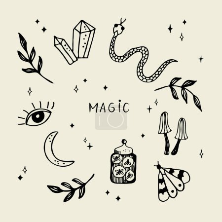 Illustration for Magic.Boho Witch and Esoteric Collection with symbols of butterfly, snake, horned god, eye, moon, spellful crystals, mushrooms, plants, wildlife. Art vector illustration. Elements for design, print - Royalty Free Image
