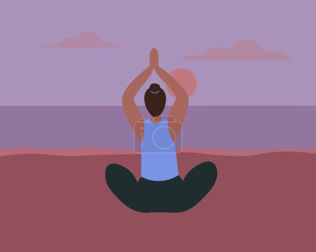 Illustration for Yoga. A woman is engaged in breathing practices at sunset on the sea, ocean. Character doing sports in nature, outdoors. Contemplation of nature, water. Lifestyle, sport, health. Vector illustration - Royalty Free Image