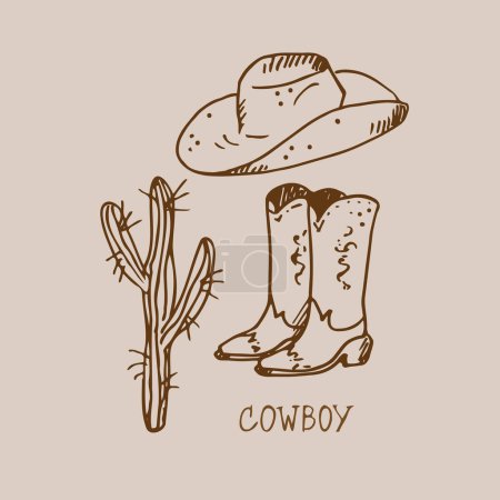Illustration for Wild West concept. Various objects. Cowboy theme, western. Boots, cactus, hat, handwritten word Western. Shepherd life.Hand drawn. Design element.Vector art illustration. - Royalty Free Image