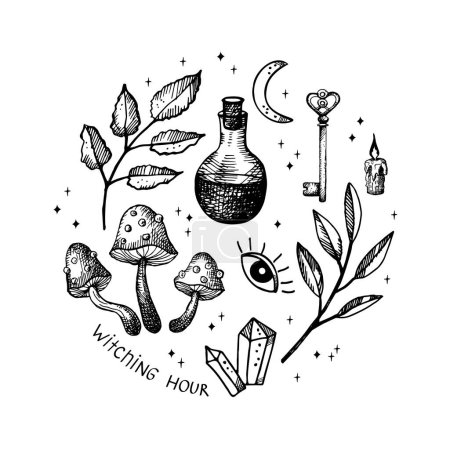 Illustration for Witching Magical doodle witch illustration symbol set. Magic and witchcraft, witch esoteric alchemy boho style elements. Hand drawn. Vector art illustration. Isolated white background - Royalty Free Image