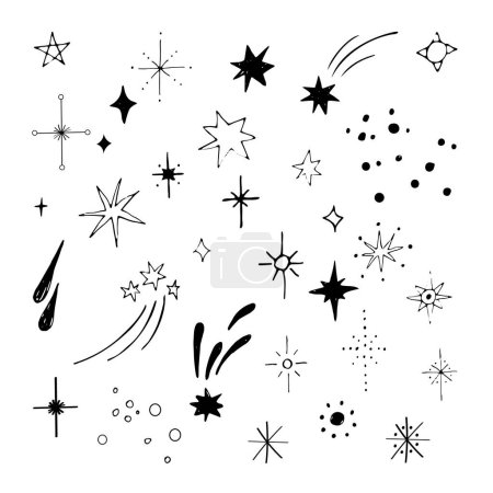 Ilustración de Estrellas estrellas noche caída luminarias doodle vector ilustración dibujado a mano. Elementos de diseño de estilo de boceto sobre fondo blanco aislado. - Imagen libre de derechos