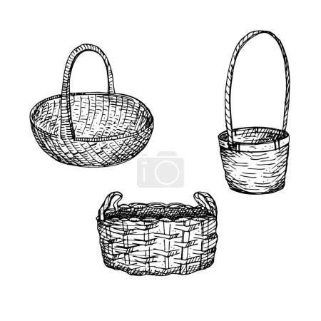 Illustration for Straw craft baskets empty containers hand drawn set black and white illustration engraving  isolated white background. Handmade  panniers for flowers, storage fruits, vegetables. Design element vector - Royalty Free Image