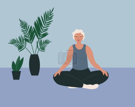 Illustration for An elderly character is doing yoga, meditating in a room with  houseplant. A calm adult woman sits on in lotus position exercises in harmony with herself, healthy lifestyle Cartoon vector illustration - Royalty Free Image