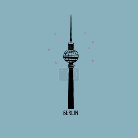 Illustration for Berlin TV tower city symbol vector illustration. German architecture and inscription Berlin with hearts. Design element for postcard, print, template, logo, t-shirt print, souvenirs, label. Hand drawn - Royalty Free Image