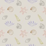 Seashells seamless repeating pattern  background, marine motif. Hand drawn sea shells in pattern for design, textile,web, wrapping paper, packaging design.Travel and leisure vector boho  illustration