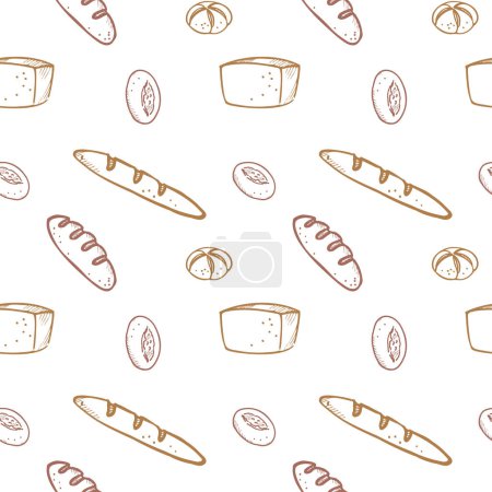 Illustration for Bakery products seamless pattern vector illustration  background.Hand drawn ornament with bread, bun, croissant . Design element for poster, label, template, card, backdrop, print, menu, wrapping - Royalty Free Image