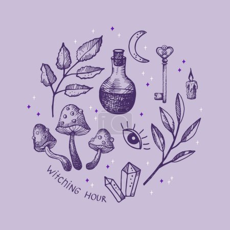 Illustration for Witching Magical witch illustration symbol set Magic and witchcraft, witch esoteric alchemy boho style. Hand drawn vector illustration design element for poster, label, template, card, print, template - Royalty Free Image