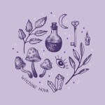 Witching Magical witch illustration symbol set Magic and witchcraft, witch esoteric alchemy boho style. Hand drawn vector illustration design element for poster, label, template, card, print, template