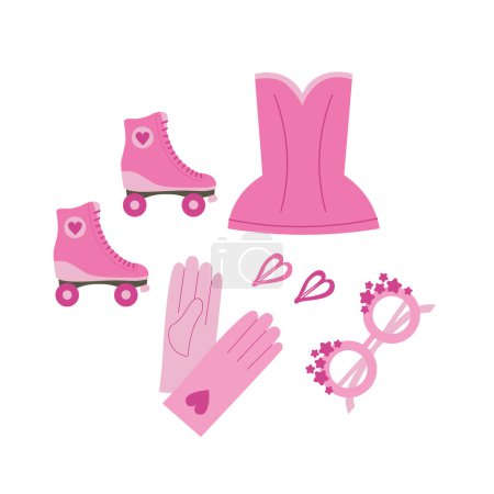 Illustration for Glamorous modern pink Barbie elements vector cartoon illustration on isolated white background. Drawn  Barbiecore with clothes, gloves, rollers, hair clips, glasses, nostalgic 2000s style Barbie set. - Royalty Free Image