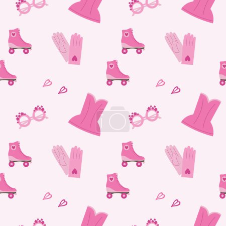 Téléchargez les illustrations : Glamour moderne rose Barbie motif sans couture. Fond dessiné Barbiecore avec vêtements, gants, rouleaux, pinces à cheveux, lunettes, style années 2000 nostalgique Barbie, ornement décoratif - en licence libre de droit