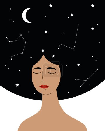 Illustration for Sleeping woman vector illustration on isolated white background. Character with long hair, decorated with moon, stars, constellations, flat illustration about sleep, magic, horoscope, lifestyle health - Royalty Free Image