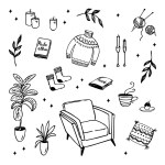 Hand drawn vector illustration with armchair, candles, plants, sweater, socks, hot drink, knitting, stars. Concept of cozy life, hygge house, Scandinavian motif, hobby relaxation harmonious lifestyle 
