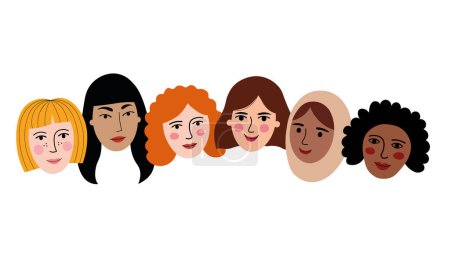 Illustration for Women's faces with different skin colors multiethnic women group flat vector illustration isolated background. Solidarity, feminism, harmony coexistence, feminine communities. For card, poster, design - Royalty Free Image