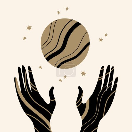 Illustration for Full moon, stars and hands mystical symbol hand drawn flat vector illustration. Rituals, horoscope, lifestyle, Purnima day. Design element for poster, print, card, t-shirt, template - Royalty Free Image