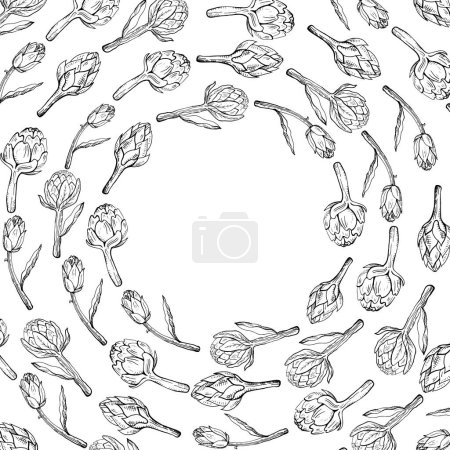 Ilustración de Plantilla de borde de marco de alcachofa fondo para texto. Planta de brotes de flores comestibles, ilustración vectorial, verduras saludables. Alcachofas enteras frescas para diseño, etiqueta, embalaje, impresión. Ilustración vectorial - Imagen libre de derechos