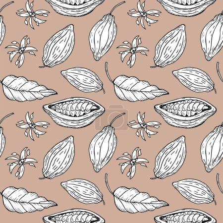 Illustration for Cocoa Seamless pattern with fruits and cacao plant repeating background hand drawn decorative ornament for wrapping, paper, template, card, textile.Coco palm harvest, sweets, chocolate ingredients - Royalty Free Image