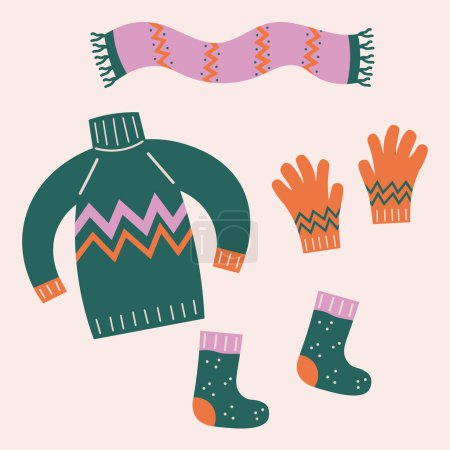 Illustration for Warm accessories and clothes hand drawn flat vector illustration cartoon style. Drawing doodle with scarf, sweater, socks, gloves, cozy fashion set. Icons and design elements for print, card, template - Royalty Free Image