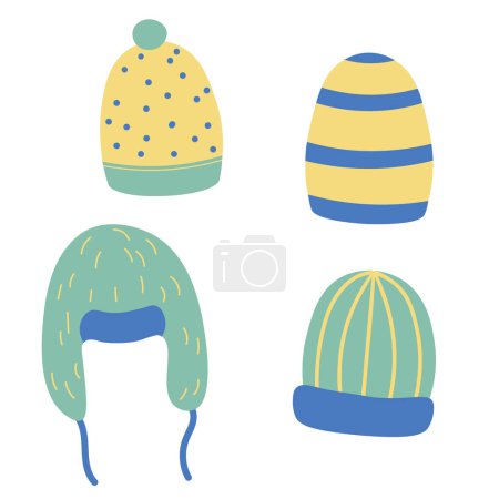 Illustration for Hats warm accessories hand drawn flat vector illustration cartoon style. Doodle set with different kind headwear, knitted caps, earflap hat. Icons and design elements for print, card, template, paper - Royalty Free Image
