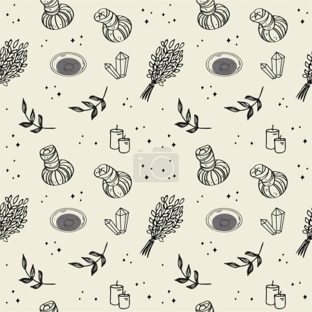 Ayurveda seamless pattern hand drawn vector repeating background. Ornament with candles, aroma oil, herbs,incense. Concept Indian massage, body care, lifestyle, energy health, traditional Hindu system