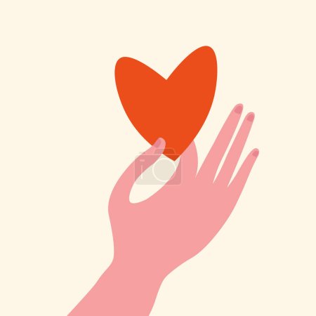Illustration for Heart in hand flat vector illustration.Hand drawn heart giving, heartfelt gift for Happy Valentine's Day greetings, expressing feelings of love, festive design, congratulation, card, print, paper - Royalty Free Image