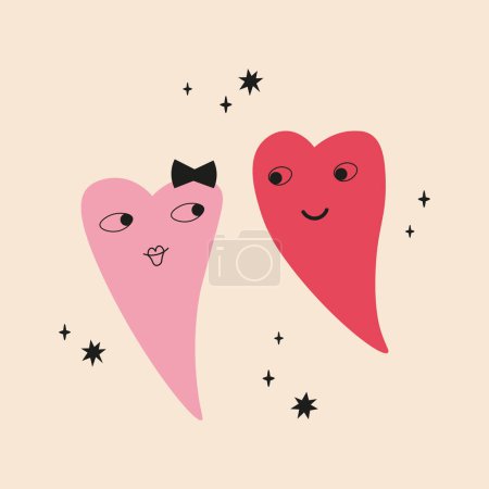 Illustration for Two cartoon hearts with faces in love with each other hand drawn vector illustration. Abstract characters in  form  heart on romanti date. For Valentines Day, to express love feelings For print, card - Royalty Free Image