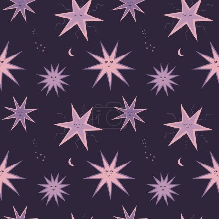 Illustration for Starlit seamless pattern star and moon hand drawn vector illustration. Night sky boho repeating ornamental background. Backdrop for wallpaper, packaging design, fabric, print, template, card, pajama - Royalty Free Image