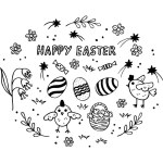 Happy Easter sketch doodle hand drawn vector illustration. Spring background card design with chickens, plants, stars,dyed eggs, festive motif. For congratulation, print, paper, poster, template, web