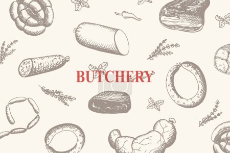 Illustration for Butchery backdrop banner with different kind Sausages hand drawn vector engraving illustration. Smoked meat products background with bacon, sausages, pastrami, salami. Tasty meal, delicious snacks - Royalty Free Image