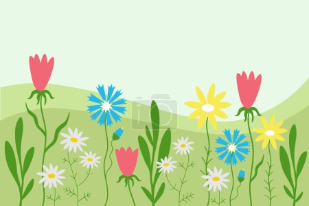 Illustration for Floral background card hand drawn cartoon banner landscape field with blooming wildflowers, daisies, cornflowers, plants, grass flat vector illustration green motif. Template floret design backdrop - Royalty Free Image