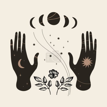 Illustration for Full Moon magic Rituals hand drawn vector boho illustration mystical motif Doodle with hands moon stars wild plants. Lifestyle, change, customs, yoga, spiritual, ayurveda. Design for flyer print card - Royalty Free Image