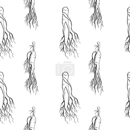 Téléchargez les illustrations : Racine de ginseng plante médicinale motif sans couture croquis dessiné à la main répétant le fond avec l'illustration vectorielle de racines gravées. - en licence libre de droit