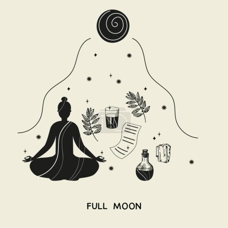 Illustration for Full Moon Rituals hand drawn vector illustration mystical motif Doodle background meditating woman, crystal, moon, stars, energy water magical plant. Design for lifestyle,change customs yoga spiritual - Royalty Free Image