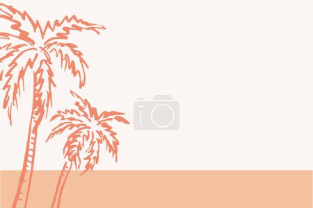 Palms sea background hand drawn vector illustration boho style peach colour, tropic motif. Silhouette summer marine landscape, design banner for text, flyer, poster, card.Vacation , travel, lifestyle