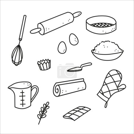 Baking equipments  hand drawn ink sketch vector illustration. Doodle background with dough, eggs, rolling pin, flour, ingredients tools cooking baked goods. Design concept for bakery, chef, menu,cafe
