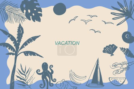 Background design with sketch tropical plants, palm trees, sun, sea food, fish, fruits, yacht, sun, seagulls hand drawn flat vector illustration. Doodle concept with hot sea coast, travel,  vacation