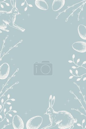 Illustration for Easter card boho background for text with bunny, willow flowers, Easter eggs  sketch with engraving hand drawn vector illustration, festive design border for congratulations spring holidays - Royalty Free Image