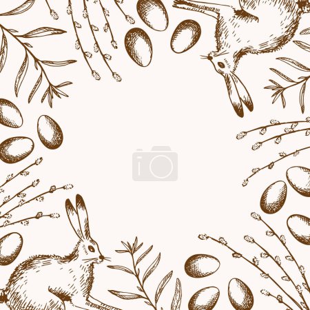 Illustration for Easter card vintage background for text with bunny, willow flowers, Easter eggs, sketch with engraving hand drawn vector illustration, festive design border for congratulations spring holidays - Royalty Free Image