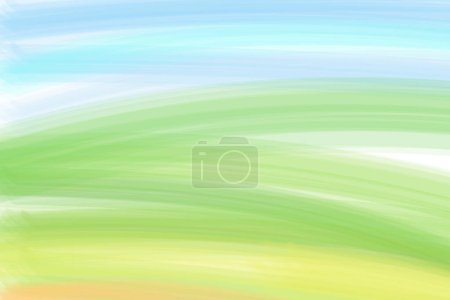 Landscape with green grass field and blue sky hand drawn watercolor texture abstract background vector horizontal illustration. Minimalist card border painted view hills stains, cloudless weather 
