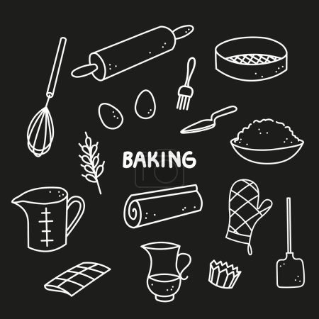 Baking equipments hand drawn ink sketch vector illustration. Doodle background with dough, eggs, rolling pin, flour, ingredients tools cooking baked goods. Design concept for bakery, chef, menu,cafe