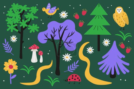 Illustration for Forest card set with trees, birds, owl, toadstools mushroom, ladybug, flowers hand drawn flat vector illustration. Design background with Nature texture cartoon style for print, flyer, paper, wrapping - Royalty Free Image