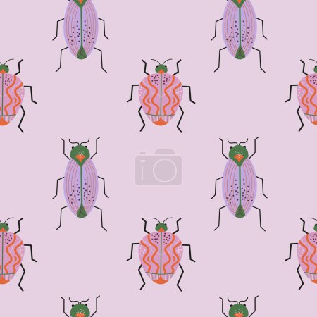 Escarabajos patrón sin costura dibujado a mano ilustración vectorial plana, fantástico error repitiendo fondo. Abstracto decorativo Insectos fantasía fauna especies, vida silvestre, animal. Para textiles, tarjetas, impresiones, papel